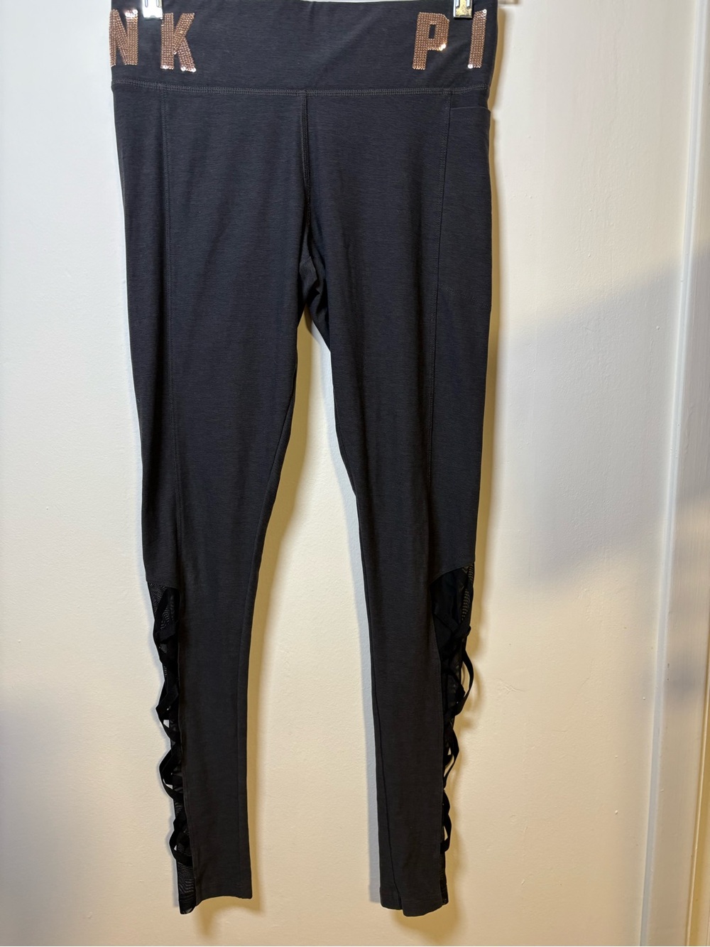 PINK Victoria's Secret Black Leggings with Rose Gold Logo Waist